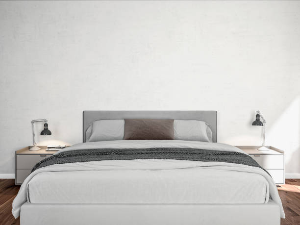 istock Front view of a bedroom with a double bed and decoration 1874368056