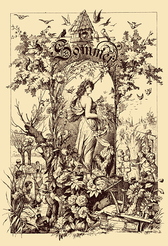 Beautiful vintage frontispiece chapter decoration dedicated to the summer season with Sommer written in old German characters, then kids playing in the fields, a goddess,flowers and birds