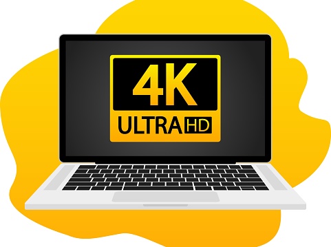 Laptop with 4K ULTRA HD on screen line icon. Quality, resolution, monitor, TV, cinema, phone, display, diagonal, pixel. Vector icons for business and advertising