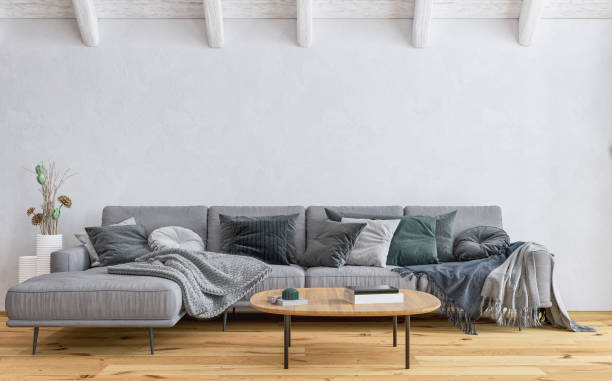 istock Empty Scandinavian style attic living room with a gray sofa and decoration 1874380010