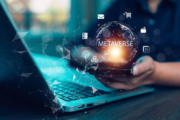 istock Metaverse with business concept, man using computer and touch virtual globe with financial icons future technology, business goals, online communication,graph Screen Icon of a media screen,big data 1874380158