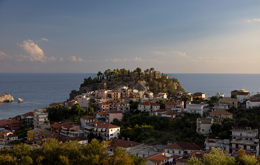 Above view of Parga's old ruin fortress, along with the city view.