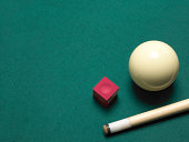 Pool ball, chalk and cue