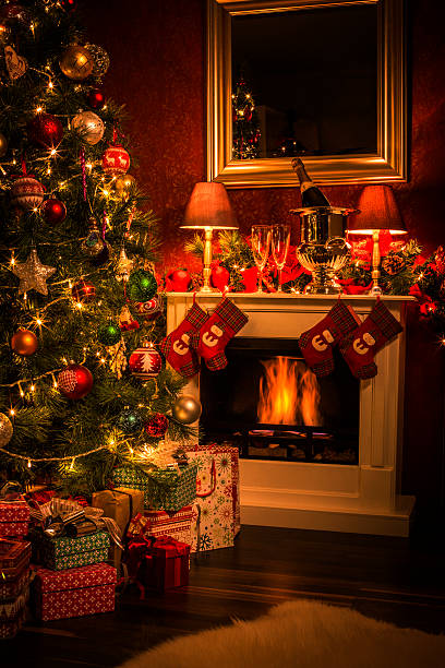 istock Decorated Christmas Tree with Presents and Fireplace with Champagne 187439132