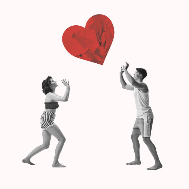 юноша и девушка лежат с сердцем, как мяч. связь. коллаж современного искусства. день святого валентина - valentines day origami romance love стоковые фото и изображения
