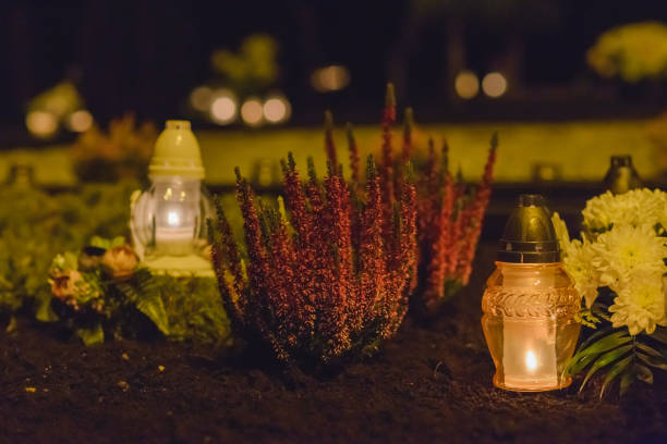 istock Memory lantern with burning candle in the dark.White Candles Burning in the Dark Night with lights glow.Focus on candles in foreground. 1874414152