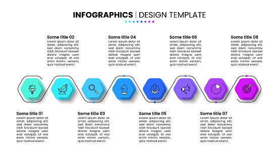Infographic template with icons and 8 options or steps. Hexagonal timeline. Can be used for workflow layout, diagram, banner, webdesign. Vector illustration