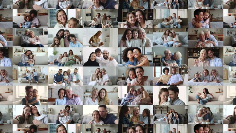 Loving families spend time together, lot of footages collage view