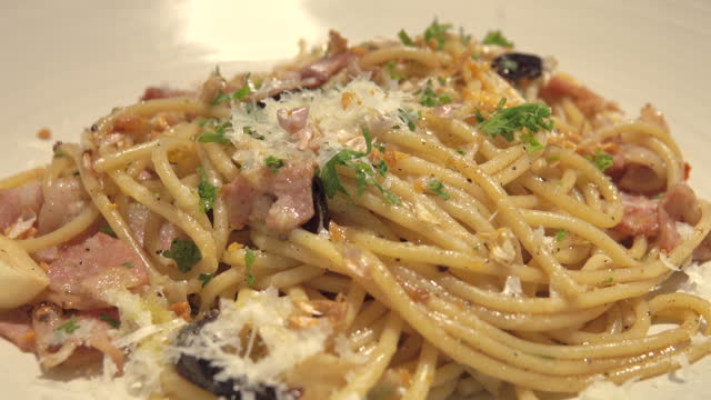 View of spaghetti carbonara in restaurant