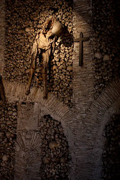 A full human skeleton is hanging from the wall in the Capela dos Ossos (Chapel of Bones) at Saint Francis Church in Evora, Portugal. The inside walls of the chapel are constructed from bones and skulls from local graves.