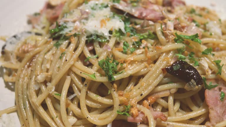 View of spaghetti carbonara in restaurant