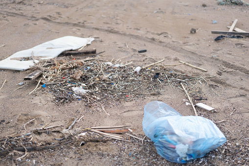 Tropical ocean beach and plastic trash. Pollution by plastic rubbish on coastline
