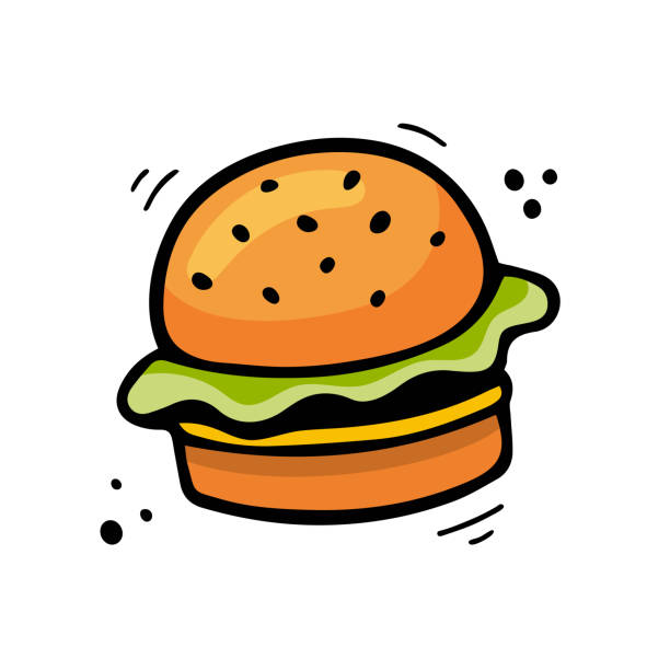 ilustrações de stock, clip art, desenhos animados e ícones de cheeseburger illustration. fast food illustration in doodle style. hand drawn sketch of hamburger. - sandwich sketch cartoon line art