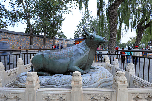 Beijing, China - October 6, 2020: Bronze ox sculpture in the Summer Palace, Beijing