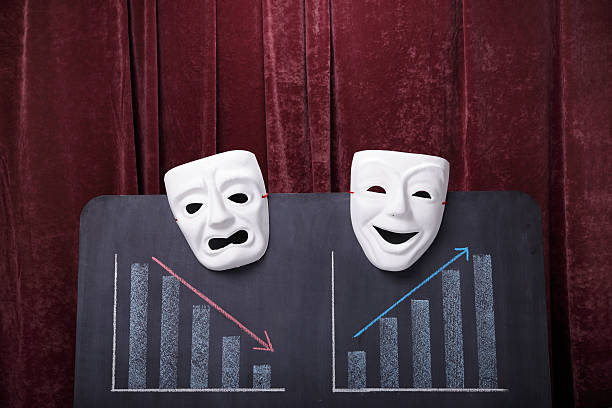 Business Tragicomedy Tragicomedy masks next to charts tragicomedy stock pictures, royalty-free photos & images