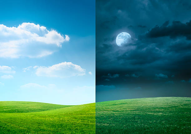 Day and night on meadow stock photo
