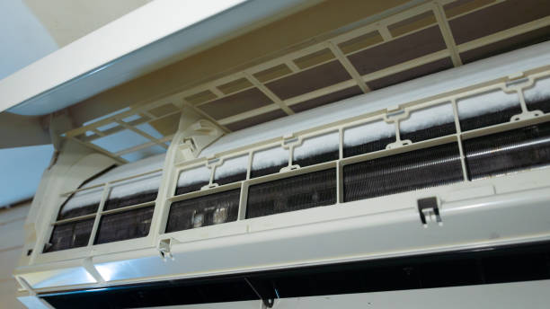 istock Frozen or Ice in the air conditioning. Problems with home cooling systems are caused by leaks in heating pipes, hot and cool coils, air pressure, and chemicals. 1874451647