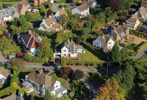 Large suburban houses. Aerial shot of the outskirts of Leeds, showing the upmarket suburbs from above.