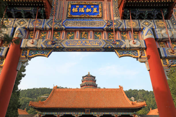 베이징 이화원의 고대 중국 건축 풍경 - awe summer palace china beijing 뉴스 사진 이미지