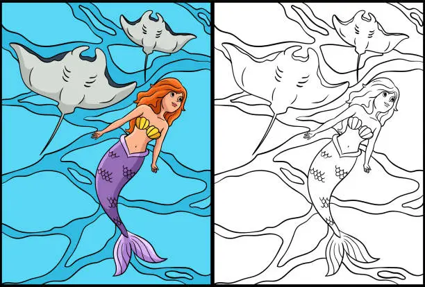 Vector illustration of Mermaid with Manta Ray Coloring Page Illustration