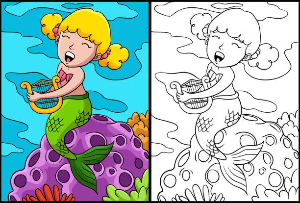 Vector illustration of Mermaid Playing Harp Coloring Page Illustration