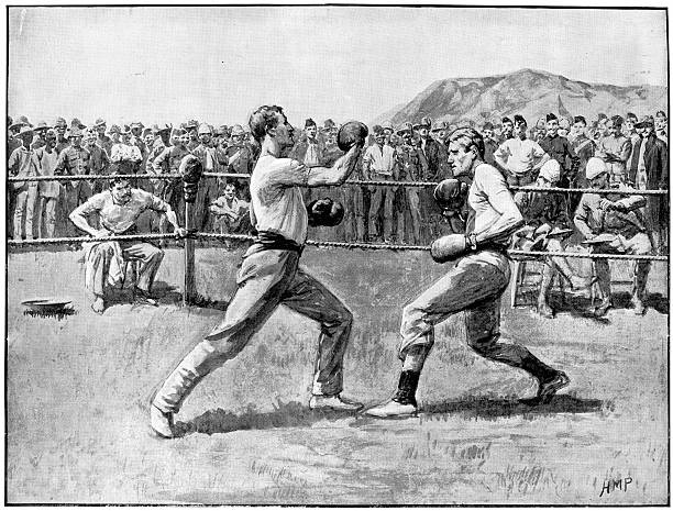 Boxing Match Vintage engraving showing a boxing match bewteen soldiers during the Boar War, 1900, Sterkstroom, South Africa engraved image photos stock illustrations