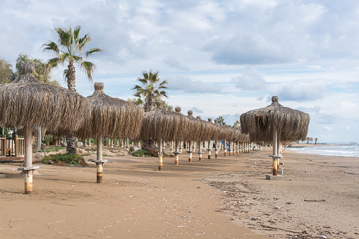 Row of straw umbrellas  on the resort hotel beach