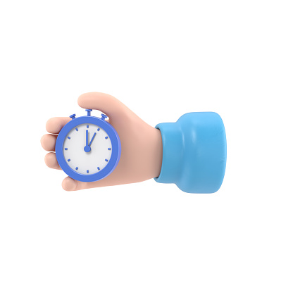 Cartoon Gesture Icon Mockup.Cartoon hand with a stopwatch.3D rendering on white background.
