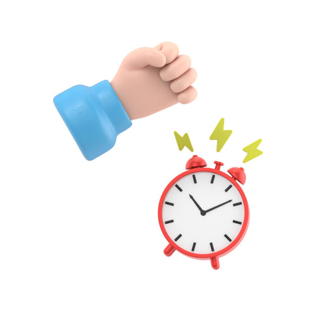 cartoon gesture icon mockup.hand spegnere la sveglia che suona, rendering 3d su sfondo bianco. - clock time clock hand urgency foto e immagini stock