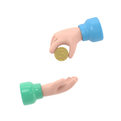 Cartoon Gesture Icon Mockup.Businessman giving money to beggar.3D rendering on white background.