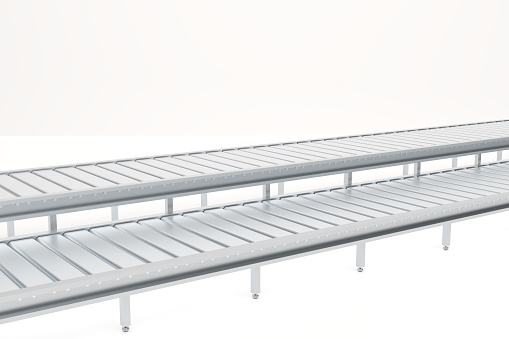 Perspective conveyor belt. Roller conveyor, Industry business. 3D rendering