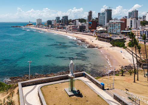 aerial view on beach and skyline in Barra district of Salvador da Bahia on sunny summer day