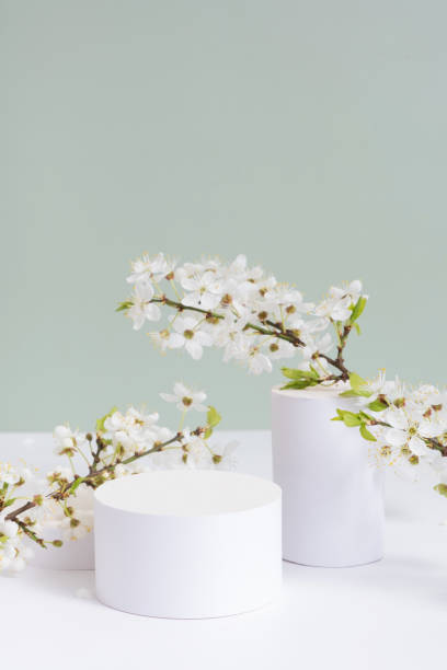 istock Empty podium or pedestal with spring bloom. Mock up for cosmetic products 1874551190