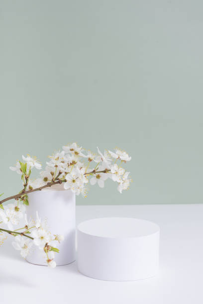 istock Empty podium or pedestal with spring bloom. Mock up for cosmetic products 1874551195