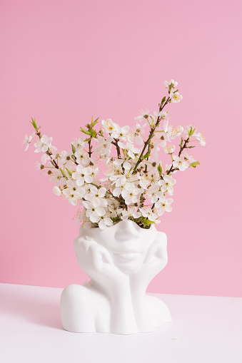 Head shape vase with spring bloom on pink background. Spring inspiration, mental health concept.