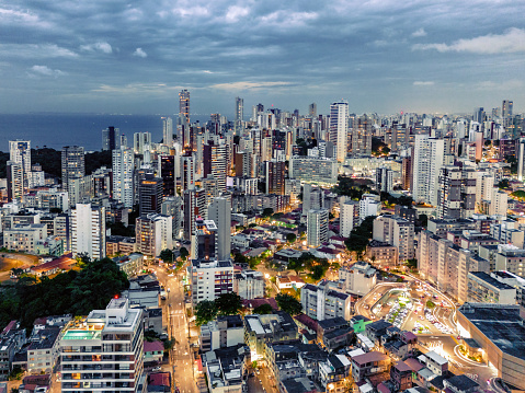 drone view on illuminated skyline of Salvador da Bahia, Brazil