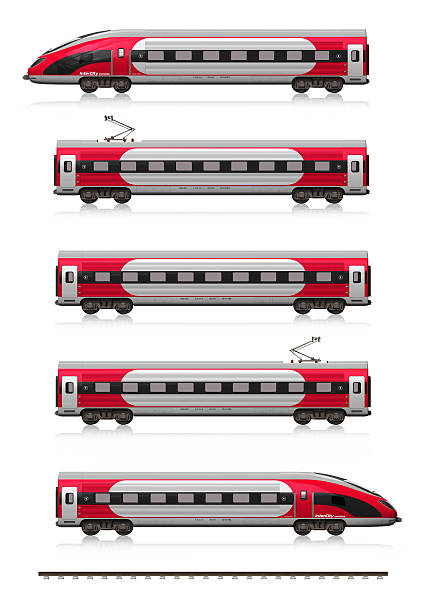 Modern high speed train set Creative abstract railroad travel and railway tourism transportation industrial concept: modern high speed train set (locomotive, cars and rail fragment) isolated on white background with reflection effect railroad car photos stock pictures, royalty-free photos & images