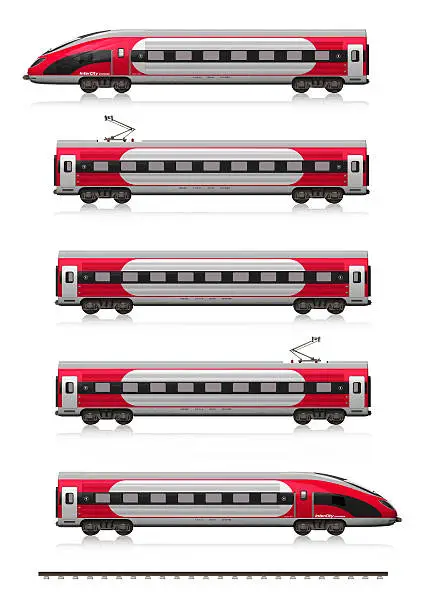 Creative abstract railroad travel and railway tourism transportation industrial concept: modern high speed train set (locomotive, cars and rail fragment) isolated on white background with reflection effect