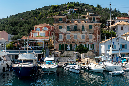 Gaios, Greece - August 20, 2023. The port of Gaios, the capital of the Greek island of Paxos, nearby Corfu island, Greece