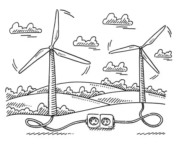 Vector illustration of Wind Power To Socket Concept Drawing