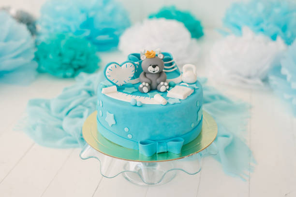 istock Cake for the first birthday of a boy with a bear in blue. 1874598096