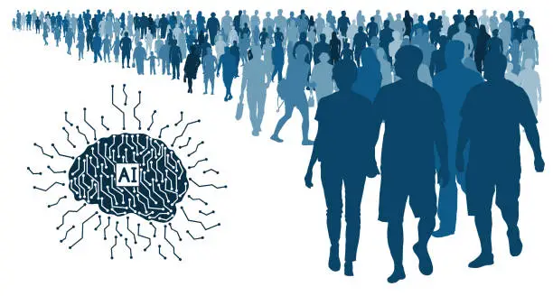 Vector illustration of Development of artificial intelligence and crowd of people, silhouette. Vector illustration
