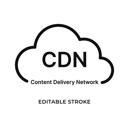 Content delivery network icon in the form of a cloud. Abbreviation CDN. Isolated vector illustration. Editable stroke.