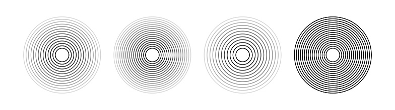 Sound ripple of a circular wave pack. Radio signal or splash of water. Isolated set of vector elements on white background.