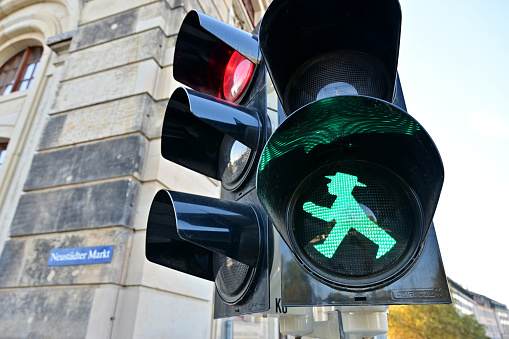 Traffic light man Ampelmännchen in the center of Dresden in the Free State of Saxony, Germany