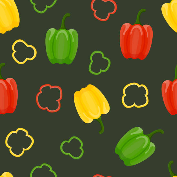 ilustrações de stock, clip art, desenhos animados e ícones de multicolored bell peppers summer seamless pattern - green bell pepper illustrations