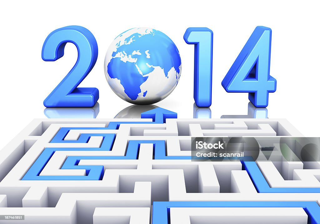 New Year 2014 concept Creative abstract New Year 2014 business office communication concept: path across labyrinth to 2014 year with blue Earth globe isolated on white background with reflection effect 2014 Stock Photo