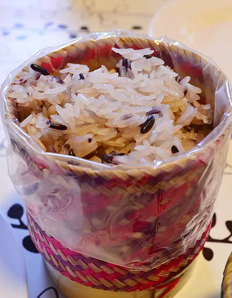 asian sticky rice in a bamboo wooden