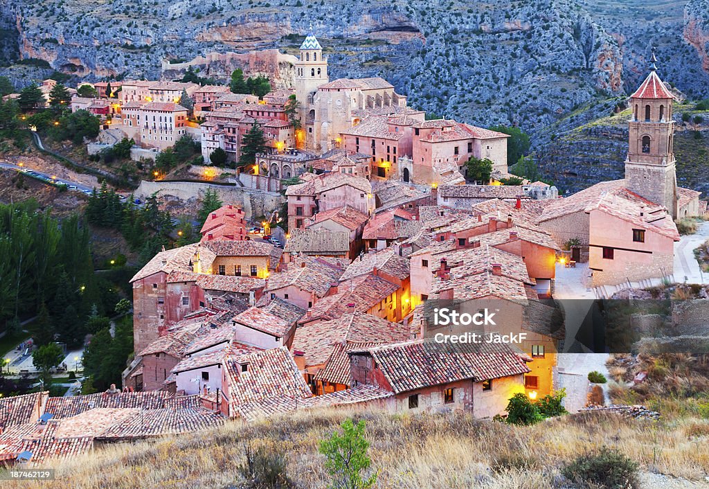 spanish mountains town in evening. Albarracin spanish mountains town in evening. Albarracin, Aragon Albarracin Stock Photo