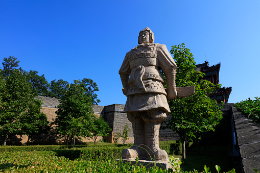 Qinhuangdao City, China - October 4, 2018: Ancient Chinese general sculpture in laolongtou Scenic Area, Qinhuangdao City, Hebei Province, China